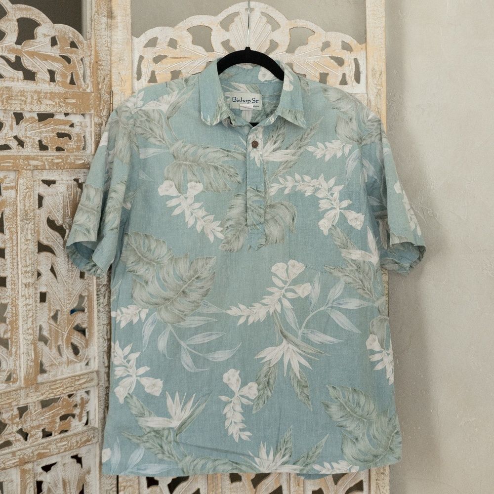 Men's Vintage Bishop St. Blue Floral Hawaiian Short-Sleeve Button Up Shirt sz M‎